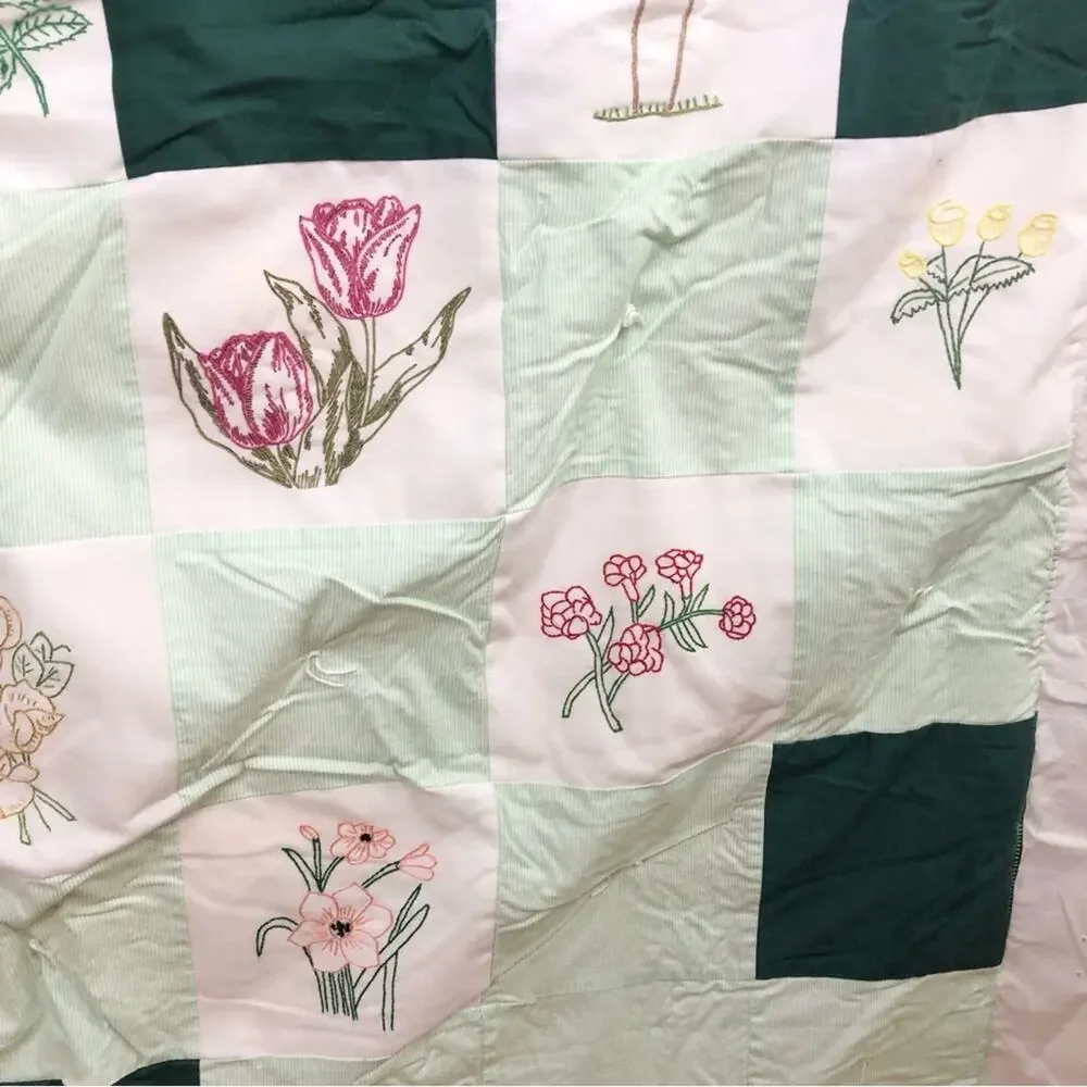 Vintage Handmade Embroidered Flowers Quilt